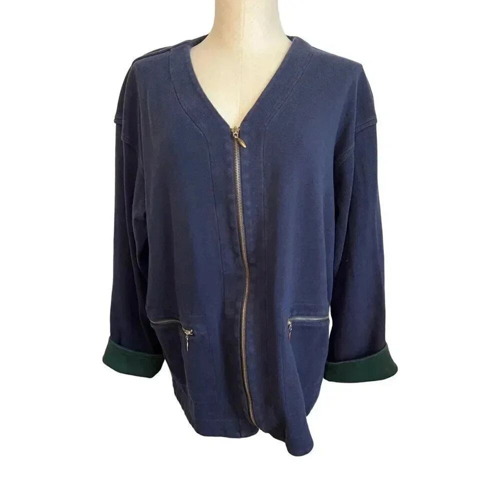 Talbots Navy Blue Full Zip Cotton Sweatshirt Jacket Forest Green Cuffs Medium - Picture 2 of 8